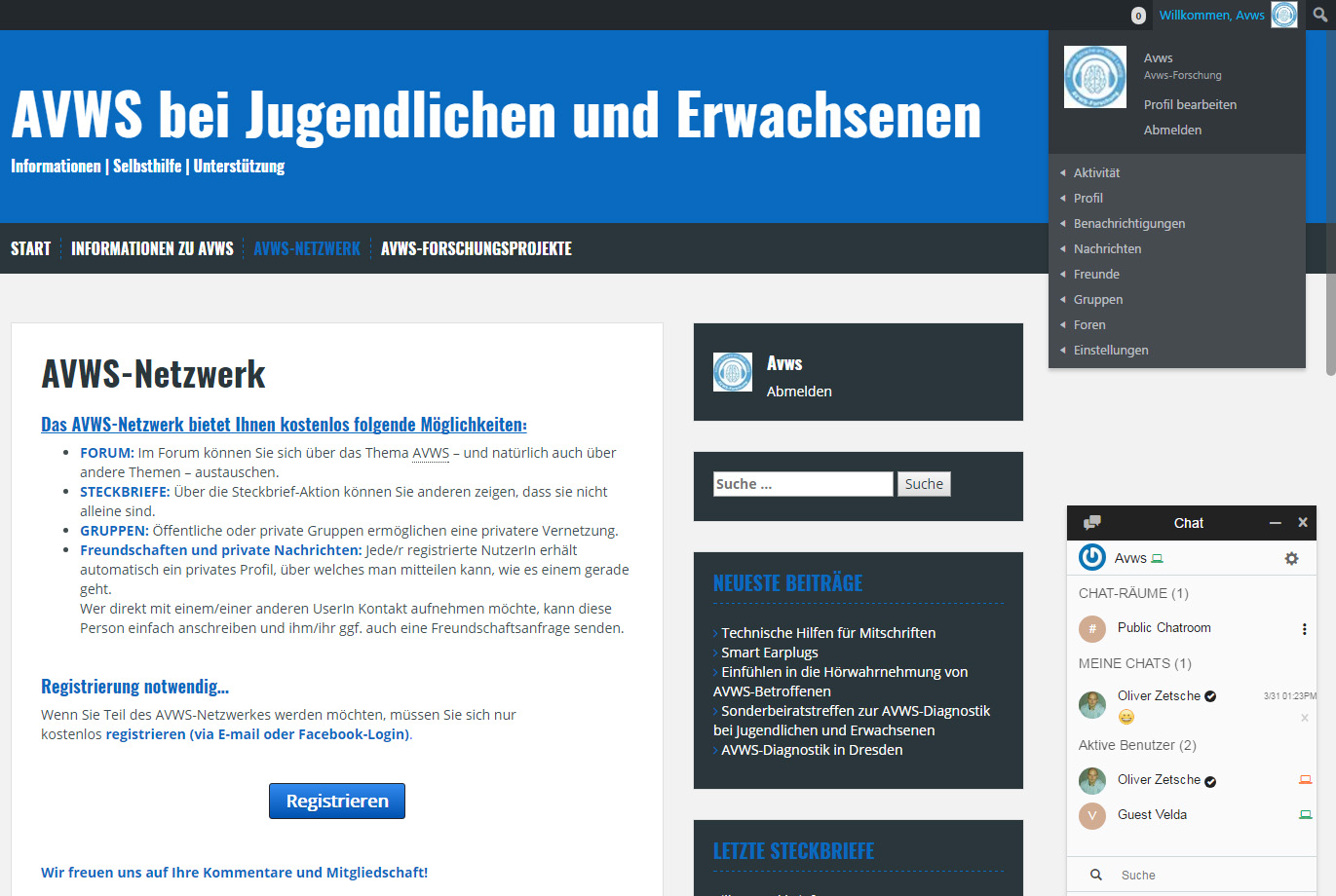 Das Bild zeigt das Netzwerkportal www.avws-bei-jugendlichen.de. Es ist die Startseite abgedruckt, auf der die Registrierung erklärt ist. Ein Chat-Fenster ist auf diesem Bild ebenfalls zu sehen. Das Portal ermöglicht es Jugendlichen und Erwachsenen mit einer AVWS sich zu vernetzen.