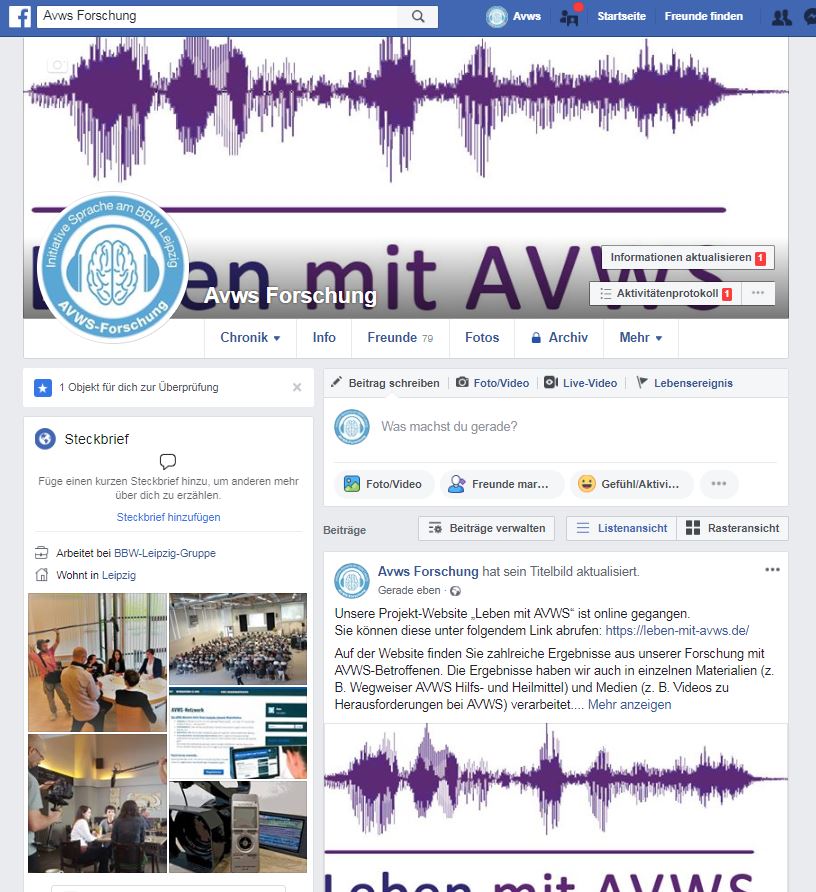 Auf dem Bild ist das Facebook-Profil des Forschungsprojekts SL.AVWS zu sehen.