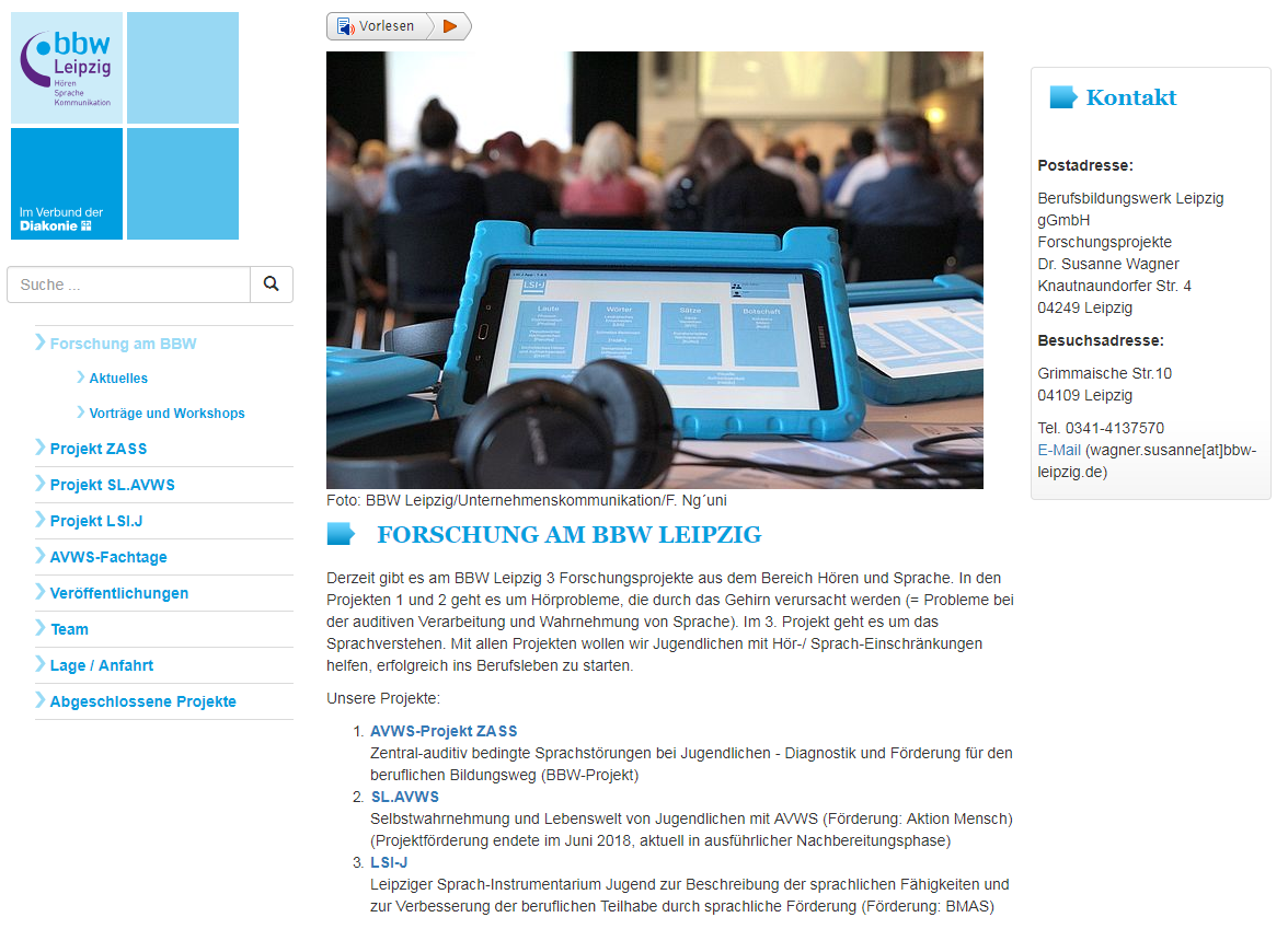 Auf dem Bild ist die Startseite der Website zur Forschung am BBW Leipzig zu sehen.