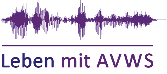 Das Bild zeigt das Logo der Website "Leben mit AVWS". Es beinhaltet den Text "Leben mit AVWS" und die grafische Darstellung der Laute "Leben mit AVWS".