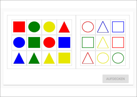 Das Bild ist ein Screenshot der Simulation zum Aufgaben-Verständnis im Störlärm. In der linken Bildhälfte ist ein Gitter mit 12 ausgefüllten geometrischen Formen; ein Viereck, ein Kreis und ein Dreieck. In der rechten Bildhälfte ist ein Gitter mit 9 nicht ausgefüllten geometrischen Formen zu sehen. Unter rechts ist ein Button mit der Beschriftung „Aufdecken“ abgebildet.