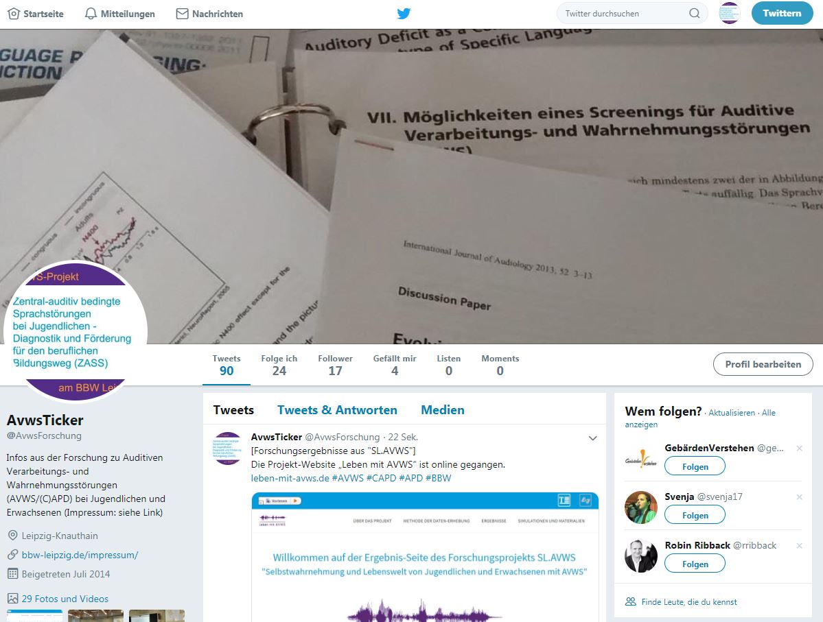 Auf dem Bild ist das Twitter-Profil der AVWS-Forschung am BBW Leipzig zu sehen.